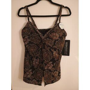 Miraclesuit Tankini Swim Top Underwired Black Multi Love Knot Size US 14 NWT
